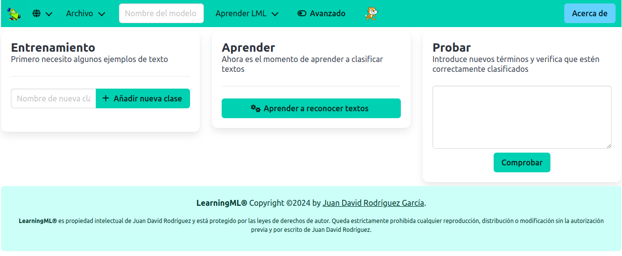 Pantalla de construcción de modelos de textos
