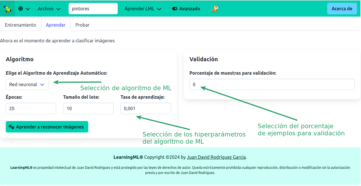 Elementos de la pestaña de aprendizaje