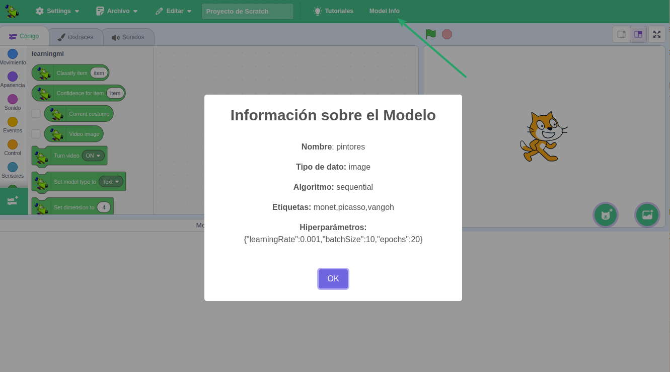 Pantalla modal de información del modelo