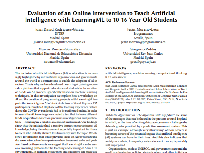 Evaluation of an Online Intervention to Teach Artificial Intelligence with LearningML to 10-16-Year-Old Students