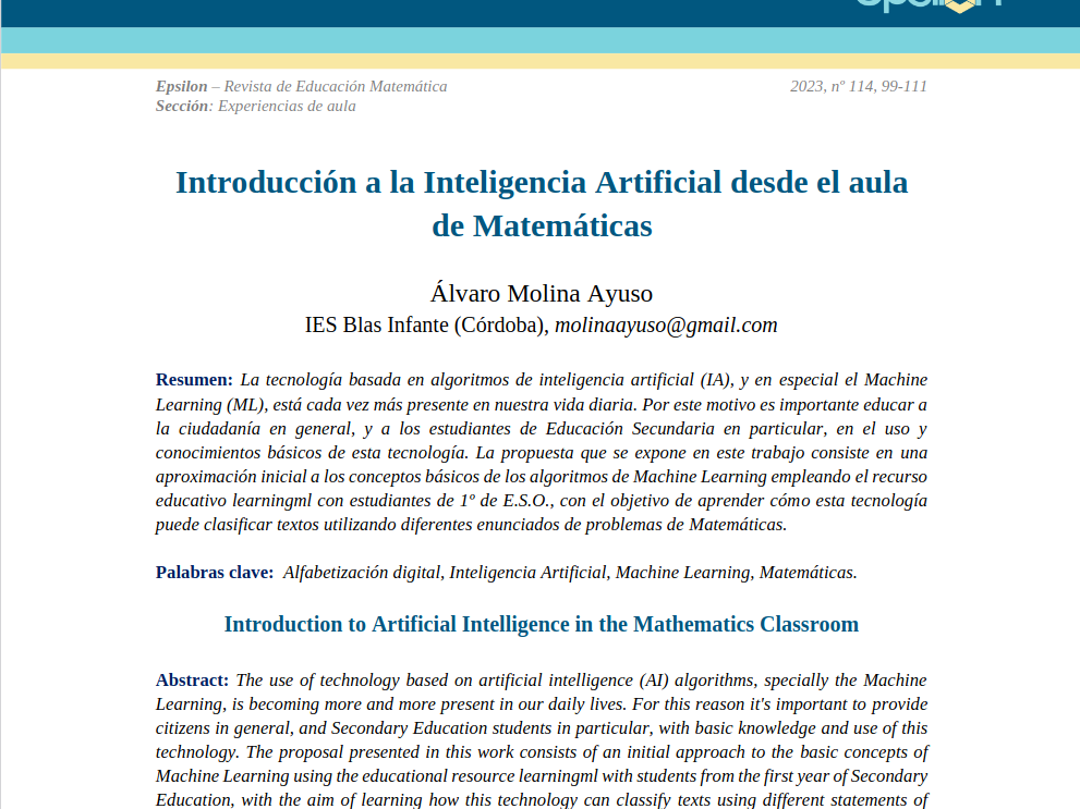 Introducción a la Inteligencia Artificial desde el aula de Matemáticas